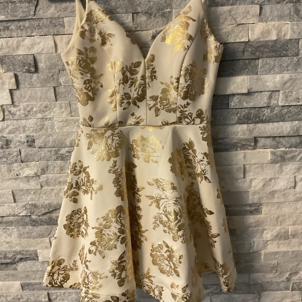 B Darlin Cream and Gold Floral Mini Dress